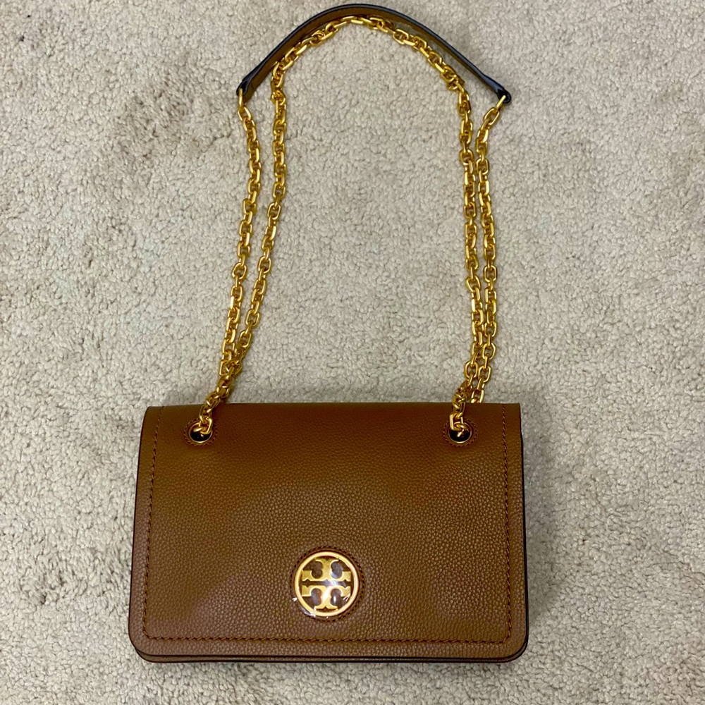 Tory Burch Carson Convertible Leather Crossbody Bag in Brown with Gold Chain